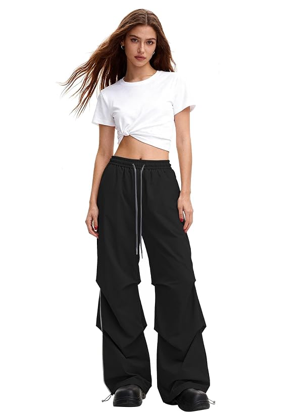 Bakyarder Women’s Y2K Baggy Parachute Pants Wide Leg Casual Track Pants with Adjustable Drawstring Waist Black X-Small by Bakyarder - Used condition - Image 2