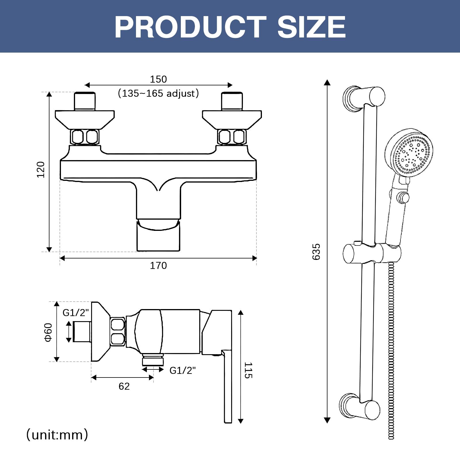 Namuoto Duscharmatur Schwarz mit Brausegarnitur, Mischbatterie Duschset | Einhebelmischer Brausebatterie, 635mm Duschstange, Duschbrause mit 1.5m Schlauch, Wandmontage