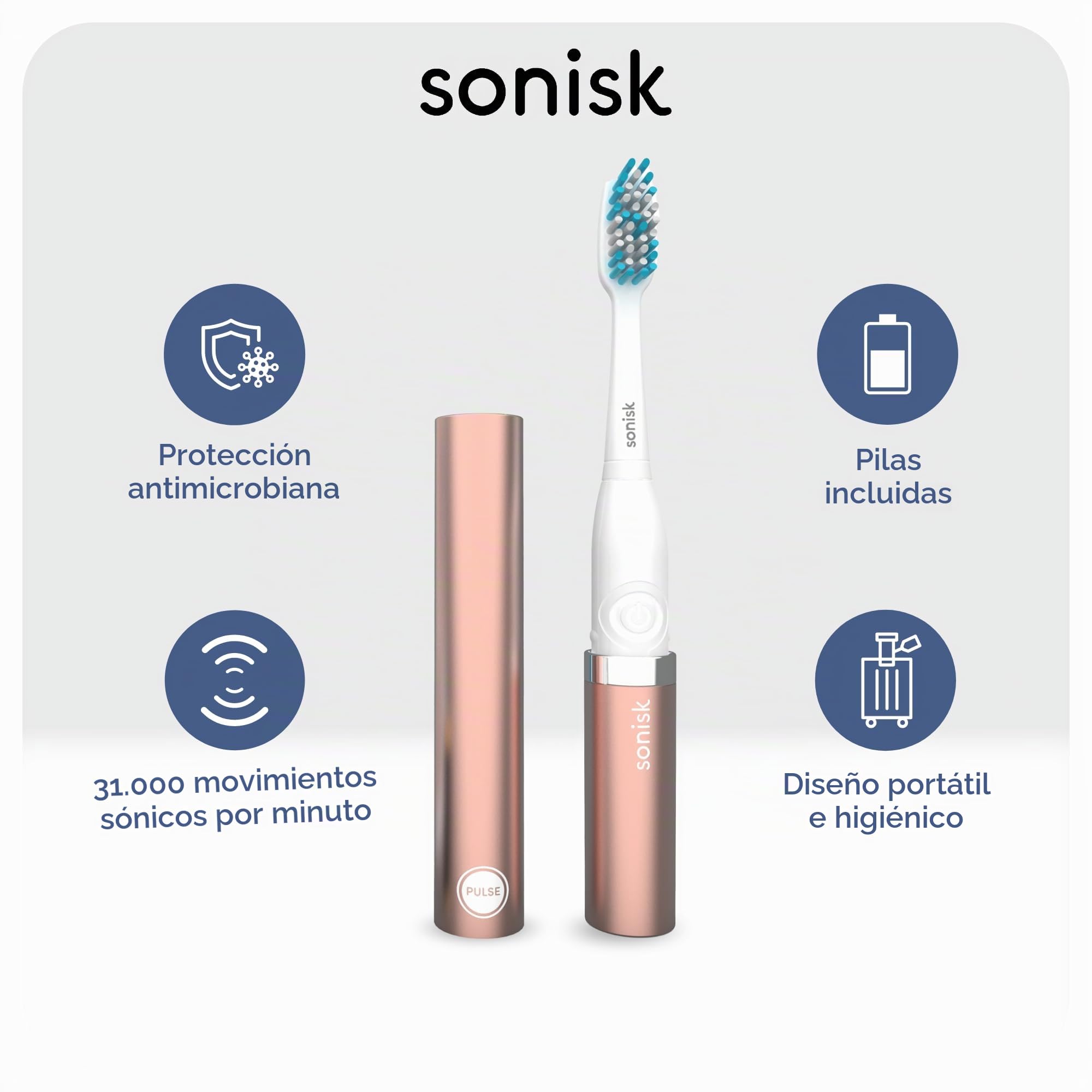 Sonisk Pulse | Cepillo de dientes eléctrico con pilas | Tecnología Sonic | 1 batería, 2 cabezales de cepillo, 31 000 movimientos por minuto, antimicrobiano, tamaño portátil, gold