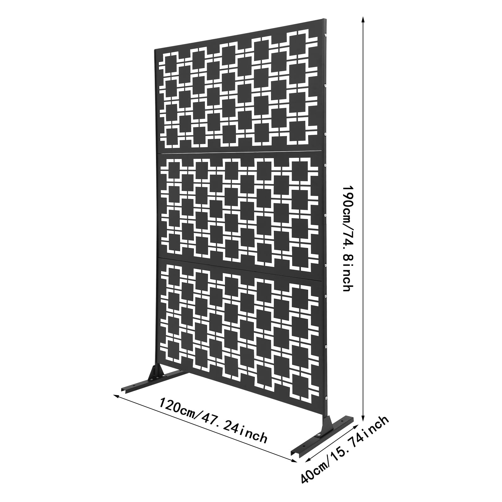 Placa de acero para protección visual, con soporte, 120 x 40 x 190 cm, acero negro, con diseño decorativo, para jardín, balcón, terraza, oficina