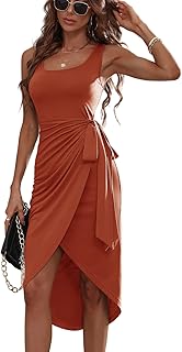 SheIn Women's Wrap Tie Side Scoop Neck Bodycon Midi Dress Sleeveless Asymmetrical Tank Dresses