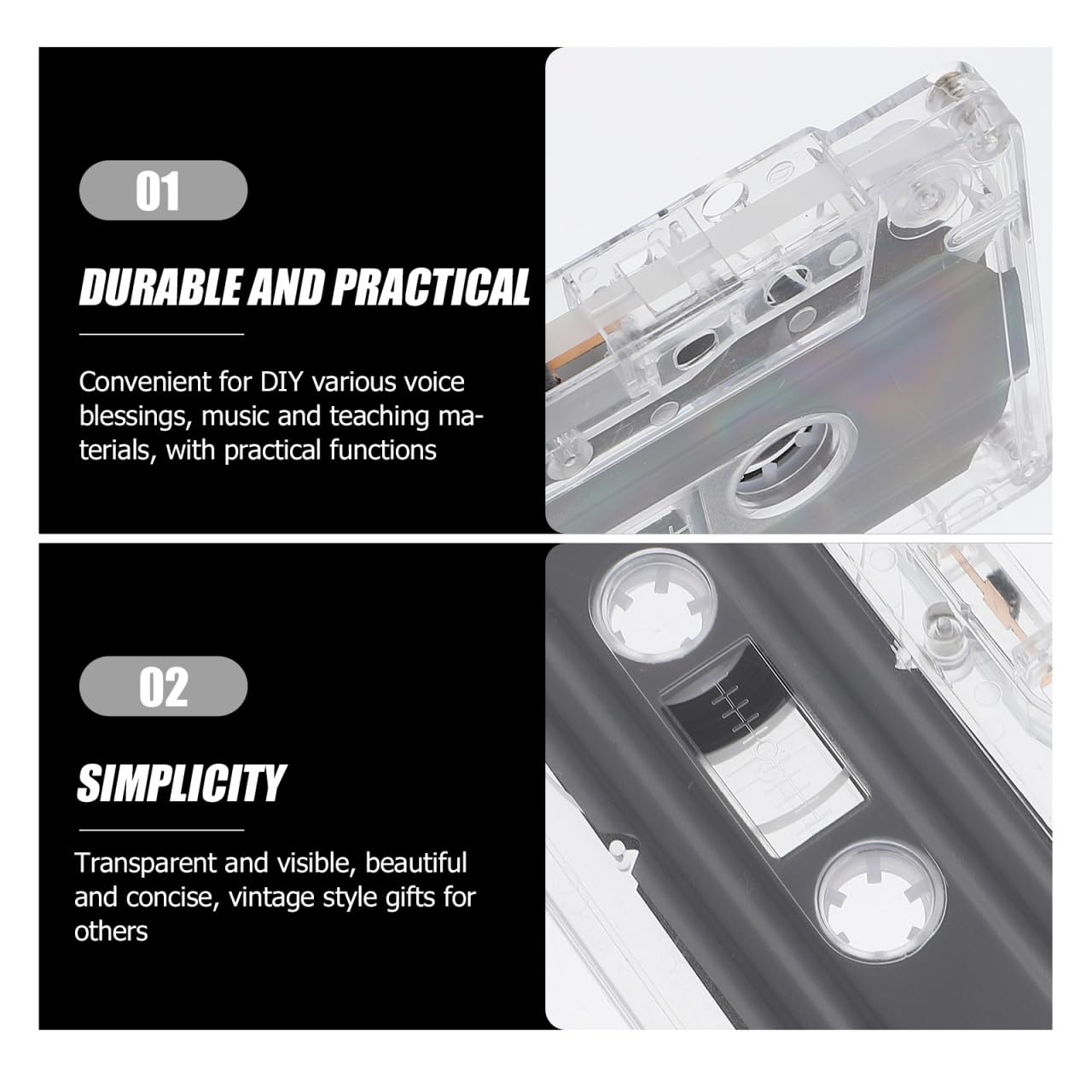 Gadpiparty Casetes de audio vacíos, 2 unidades, 30 minutos, transparentes, estándar, para grabación de voz y música, cintas de audio retro caseras, con caja para grabaciones creativas