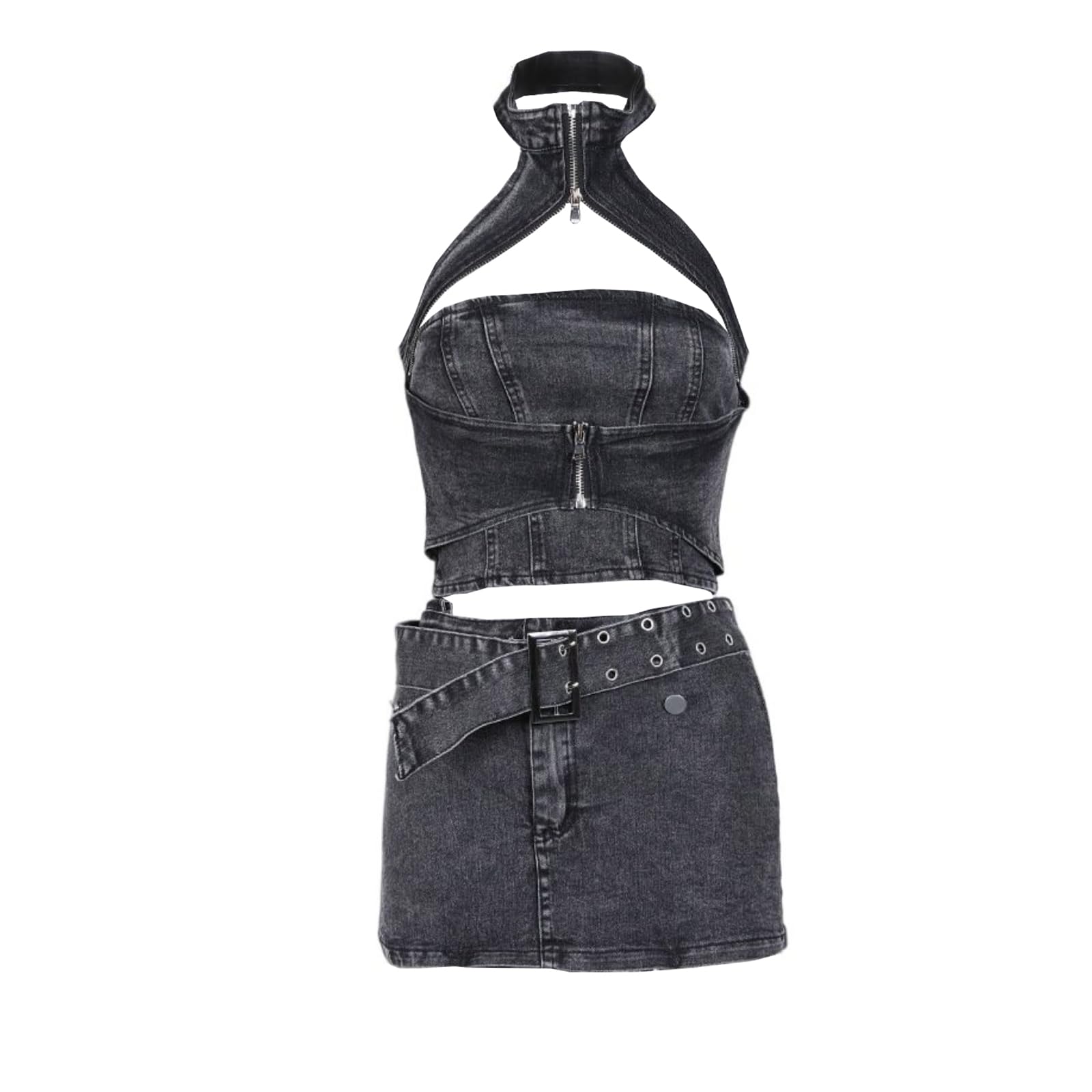 Set Gonna Da Donna in 2 Pezzi Allacciatura Alla Caviglia Con Spalle Scoperte Top Corto Gonna Corta Jeans Completo in Denim