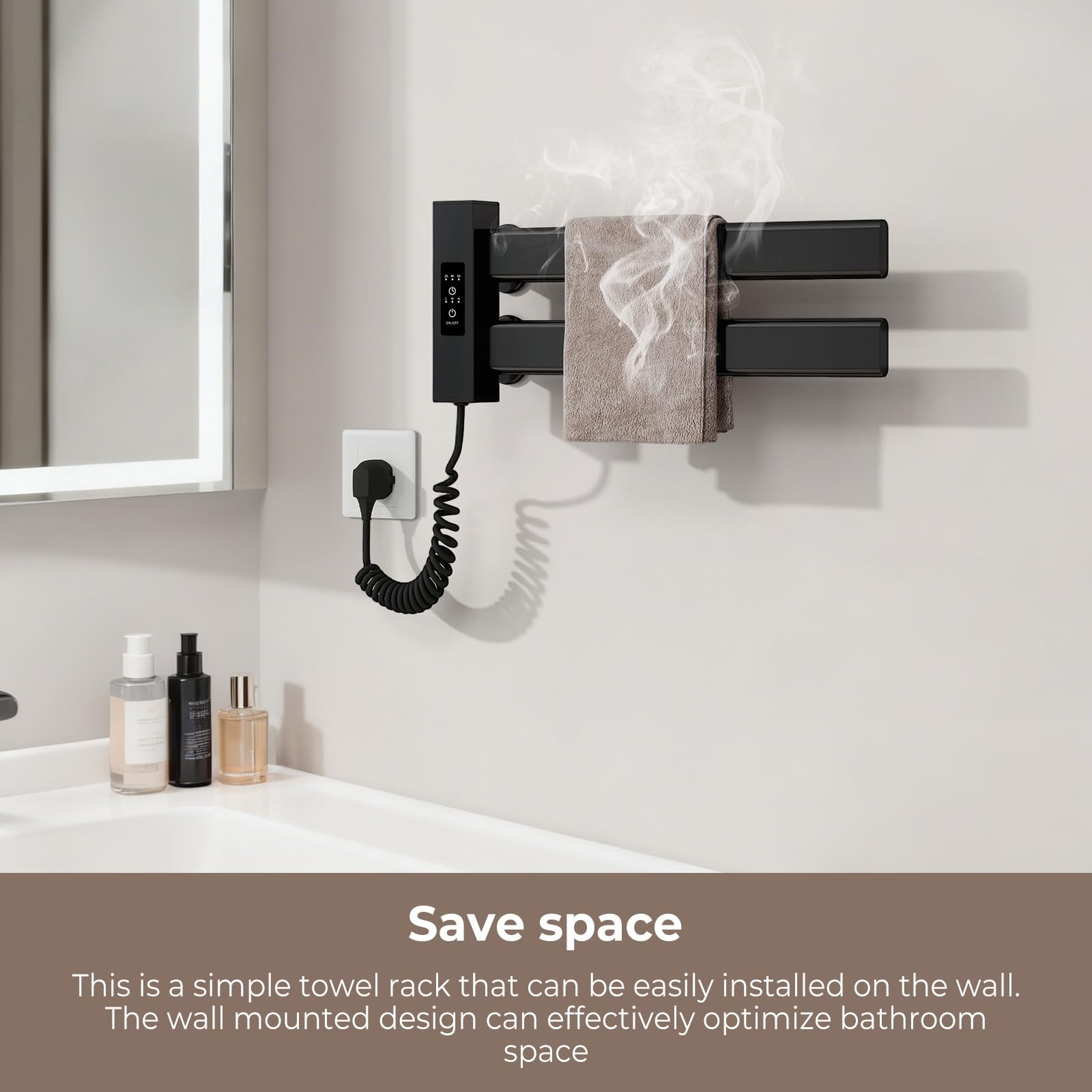 Secador de toallas eléctrico de pared, 2/4/8H, temporizador, pantalla táctil LED | 80 W - Calentador de toallas de temperatura ajustable 50/60/70 ℃, 45 x 18 cm secador toalla eléctrica, calentador de baño