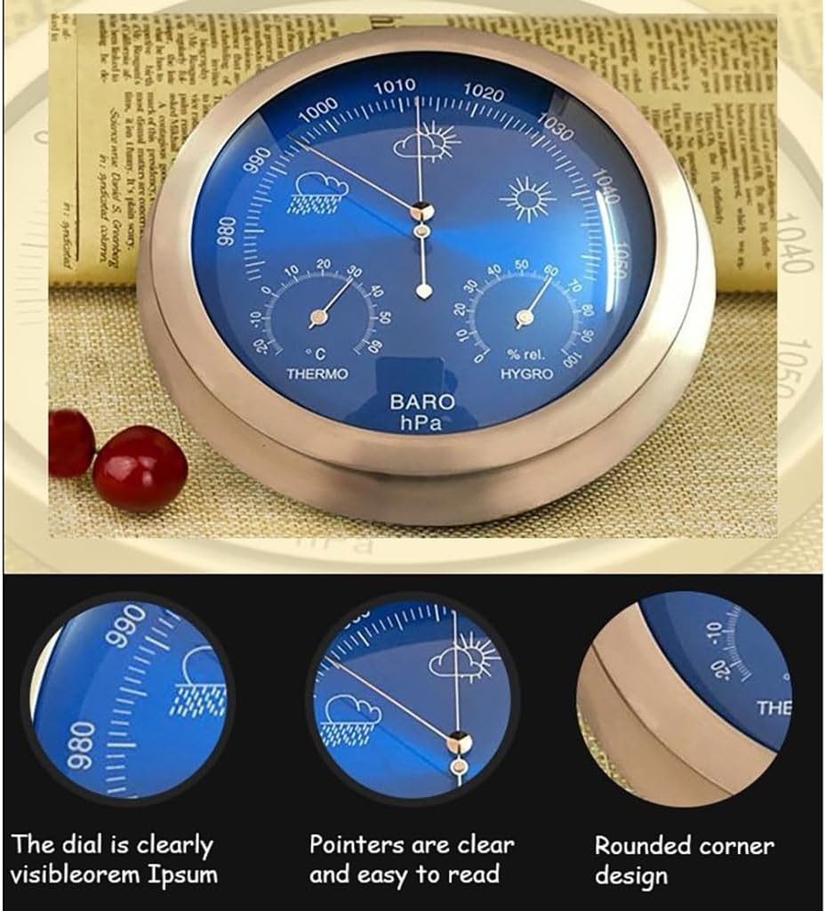 Blue Barometers for The Home,9-inch Barometer with Temperature and Humidity,Hanging Steel Barometer for Home Wall, Fishing Boat, Office,Garden