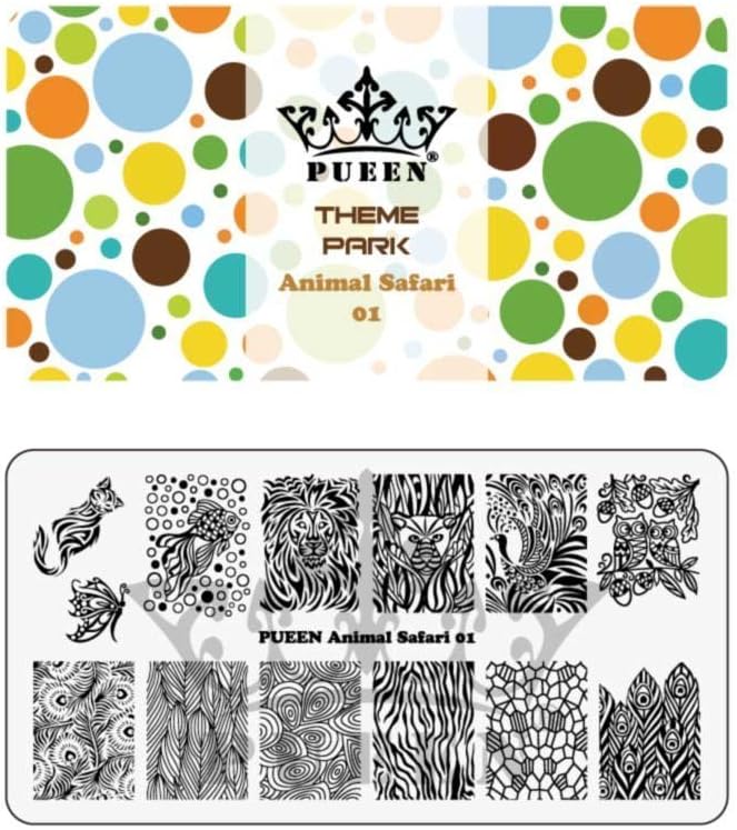 PUEEN Nail Art Stamping Plate - Animal Safari 01 - Theme Park Collection 125x65mm Unique Nailart Polish Stamping Manicure Image Plates Accessories Kit - BH000713