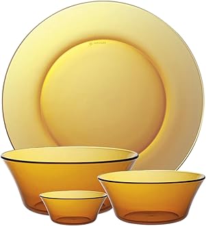 Duralex France 14 Piece Tempered Glass Solid Dinner Set | 3X Stronger & Durable | Microwave & Dishwasher Safe | Ultra Scratch Resistant | Amber (Gold) | for Dining & Gifting