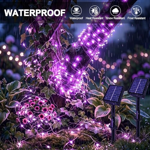 Solar String Lights 2 Pack Total 66FT 200LED Solar Fairy Lights Outdoor Waterproof 8 Lighting Modes Twinkle Lights for Patio, Garden Yard Party Wedding Tree Christmas Halloween Decoration, Purple - image 4