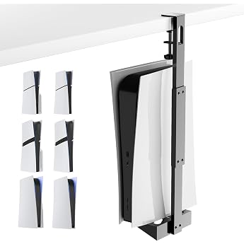 Vertical Under Desk Mount for PS5/PS5 Slim/PS5 Pro Drill-free Metal PS5 Bracket with Table Clamp Underdesk Storage Kit Compatible with Disc and Digital Editions