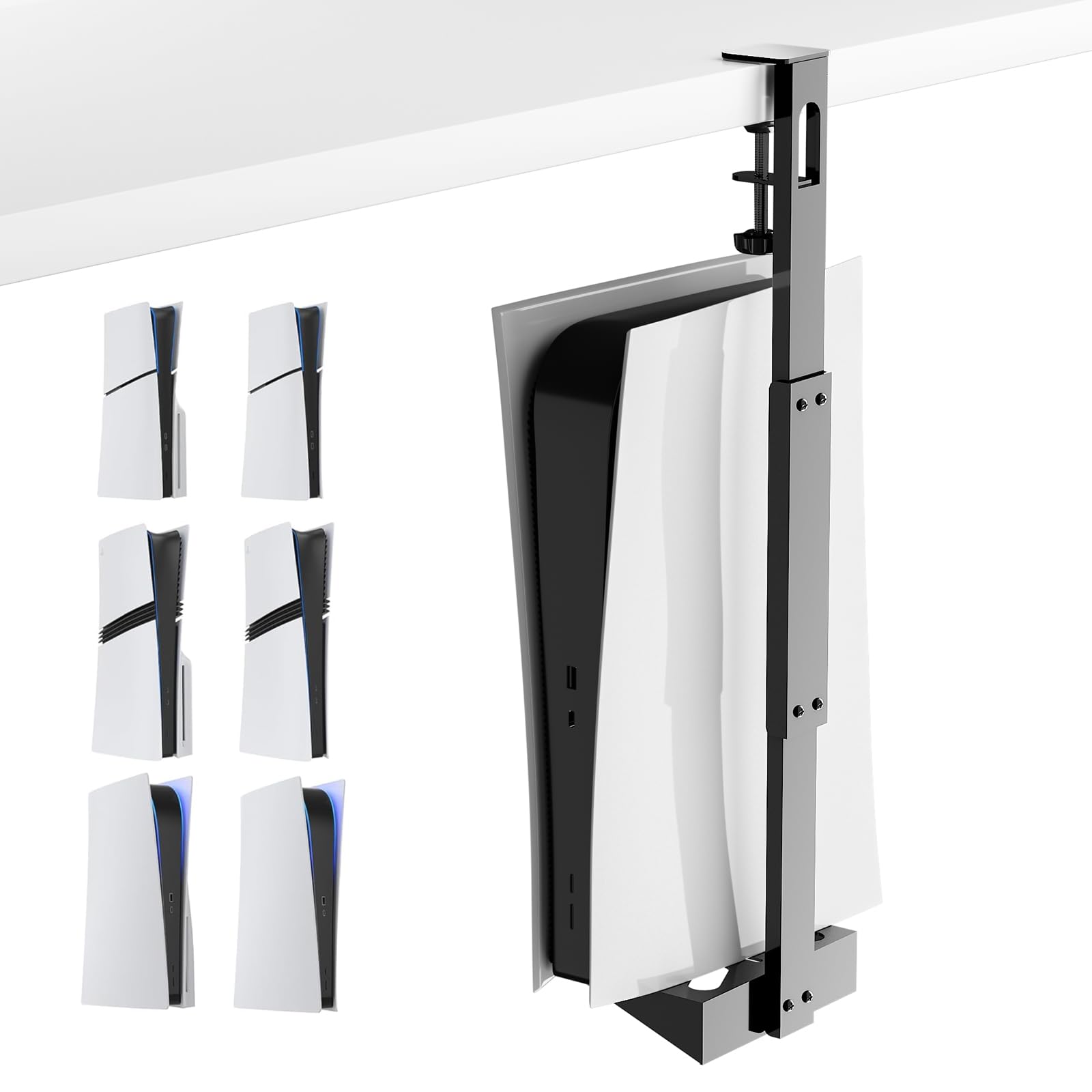 PS5 pionowy uchwyt pod biurko do PS5/PS5 Slim/PS5 Pro, zestaw do przechowywania bez wiercenia, metalowy zestaw do przechowywania pod biurkiem, kompatybilny z konsolą PS5/PS5 Slim – płyty i