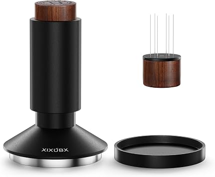 XIXUBX 2-in-1 Espresso Tamper & Magnetic WDT Tool, 53mm Spring Loaded Tamper with Anodized Aluminum Alloy Handle, Corrugated Base & Cover, Fits 53-54mm Portafilter Baskets for Espresso Machines