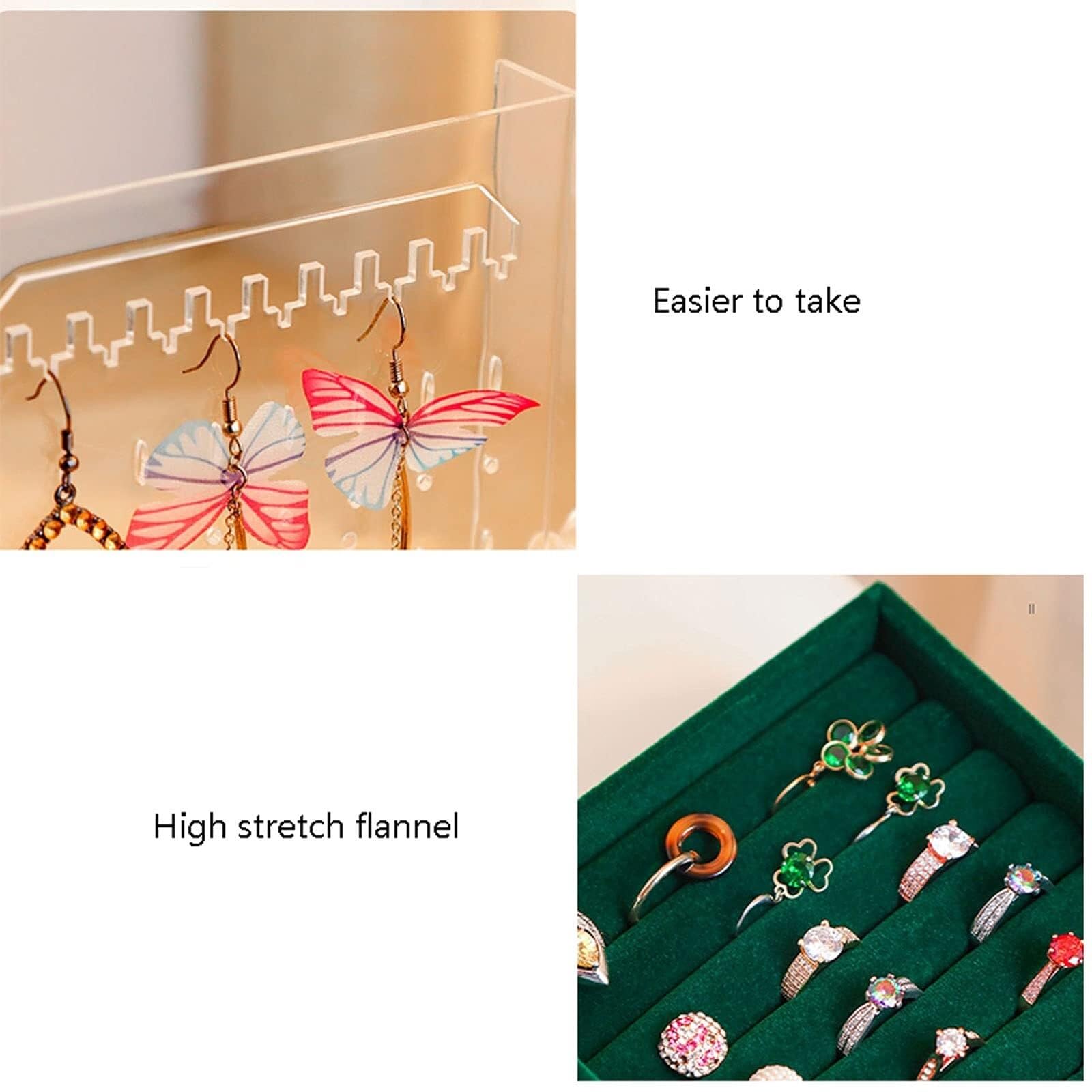 Organizador de Joyas con 5 cajones y 3 Soportes extraíbles para Pendientes, Forrado de Terciopelo, para Anillos, Pulseras y Collares.