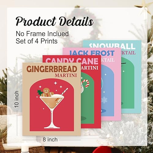 Miniatura 2 de Wheatwin Juego de 4 impresiones artísticas retro de cóctel de Navidad, divertido estampado de copa de vino alcoho de jengibre lindo estético,