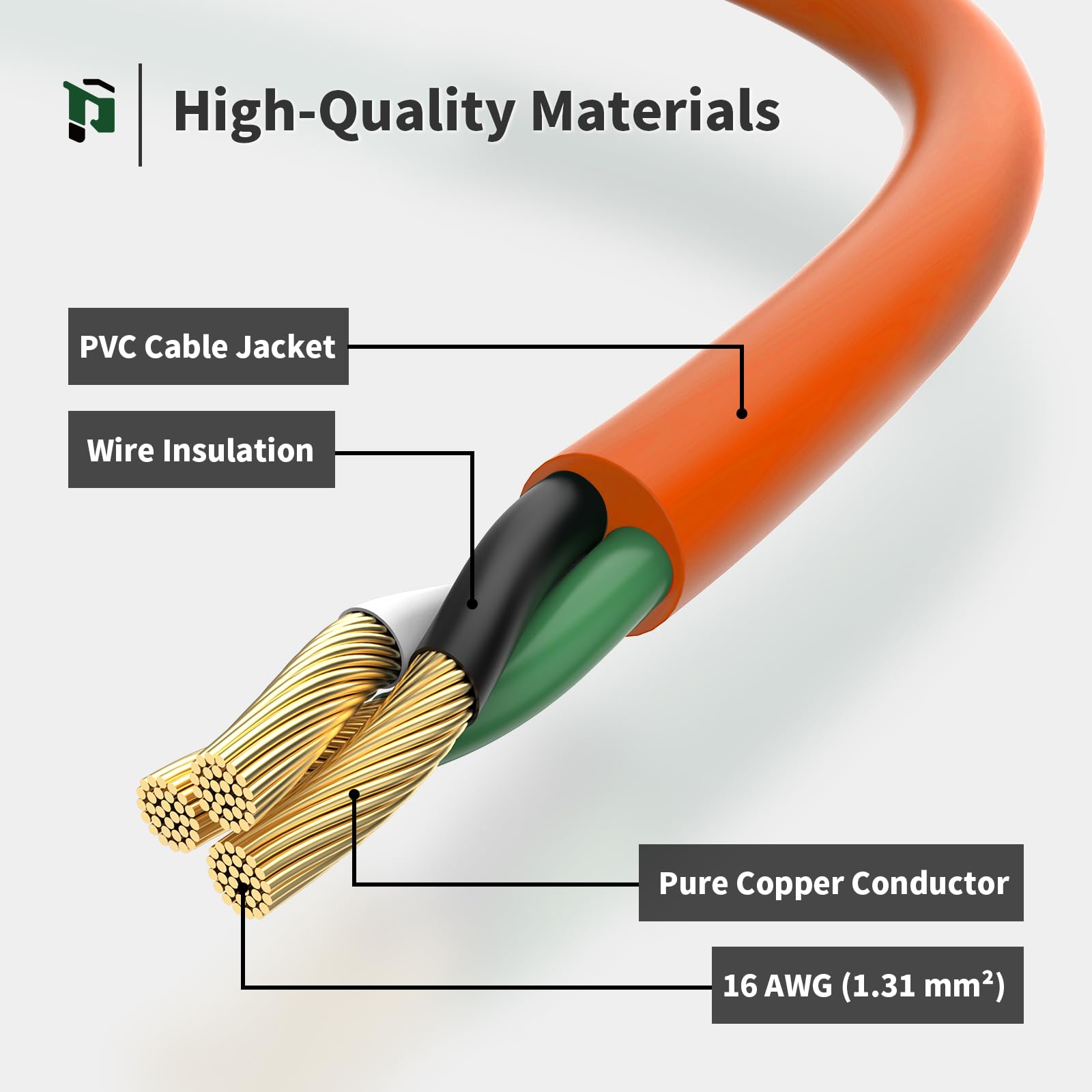 Cable de extensión para exteriores de 50 pies, resistente al agua, calibre 16/3, cable de extensión de 3 puntas, 13A 1625W SJTW, certificación ETL, ideal para jardín y hogar, color naranja