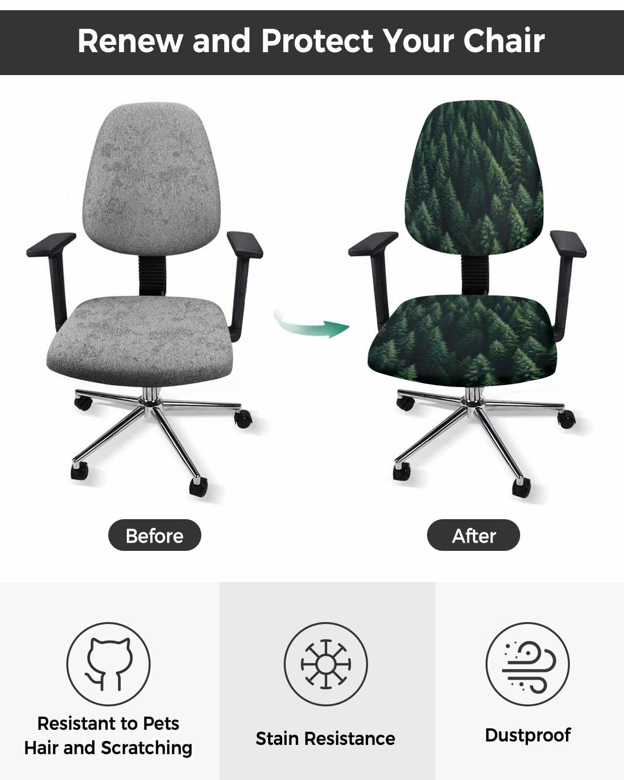 Wowouhiya Green Forest Office Chair Cover - Stretch Rotating Computer Chair Seat Back Covers, Modern Pine Trees Mysterious Art Desk Chair Covers Stretchable Office Chair Slipcovers Protectors, 2pcs