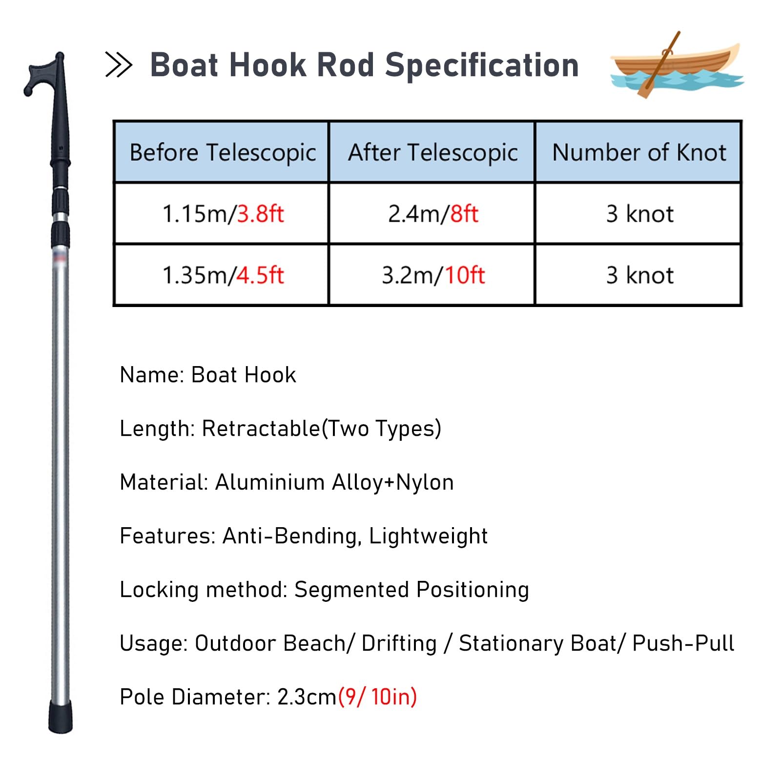 SRNSAEB Sturdy Boat Pushing Pole 3 2 1 Pcs, Telescoping Extension Pole Boat Hook for Docking Boating Accessories, Dock/Ship/Yacht/Lifeboat Pull Poles Rods for Boats(2 pcs,1.35m - 3.2m/4.5ft - 10ft)