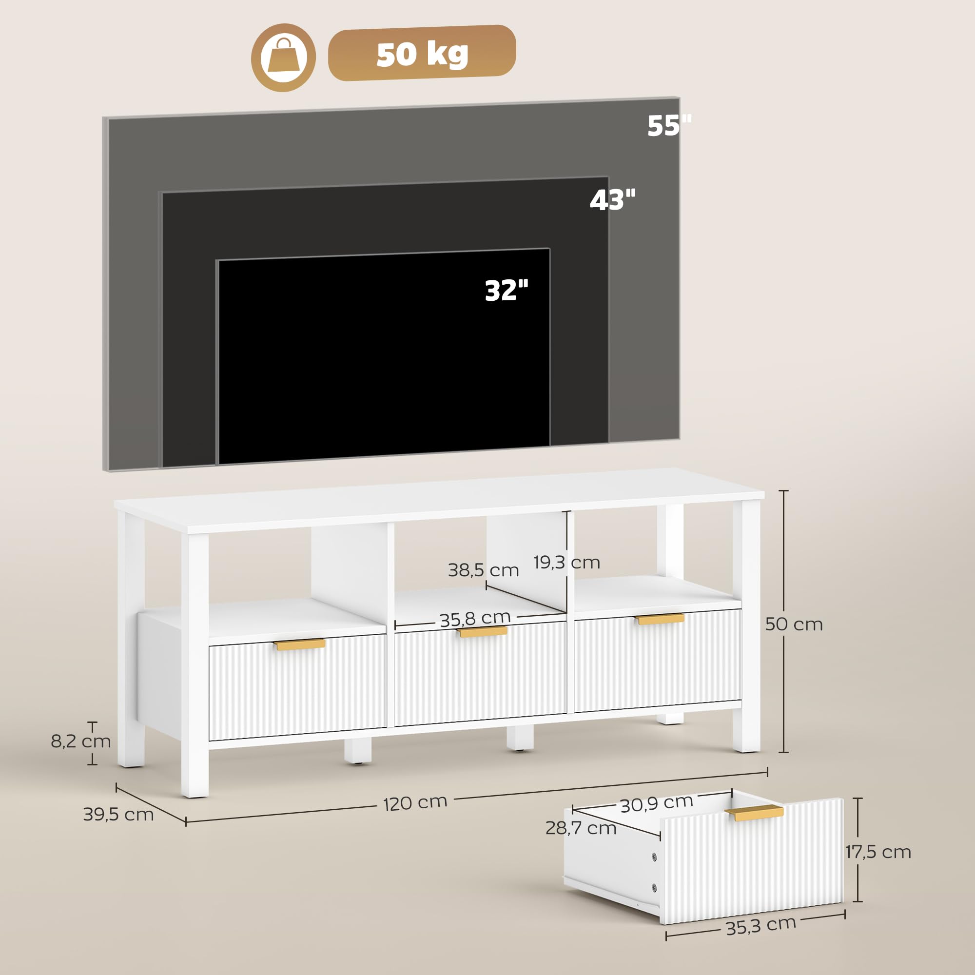 HOMCOM Mueble de TV Moderno para Salón, Mesa TV con 3 Cajones y 3 Estantes Abiertos, para Televisión de 43-55 Pulgadas, 120x39,5x50 cm, Blanco