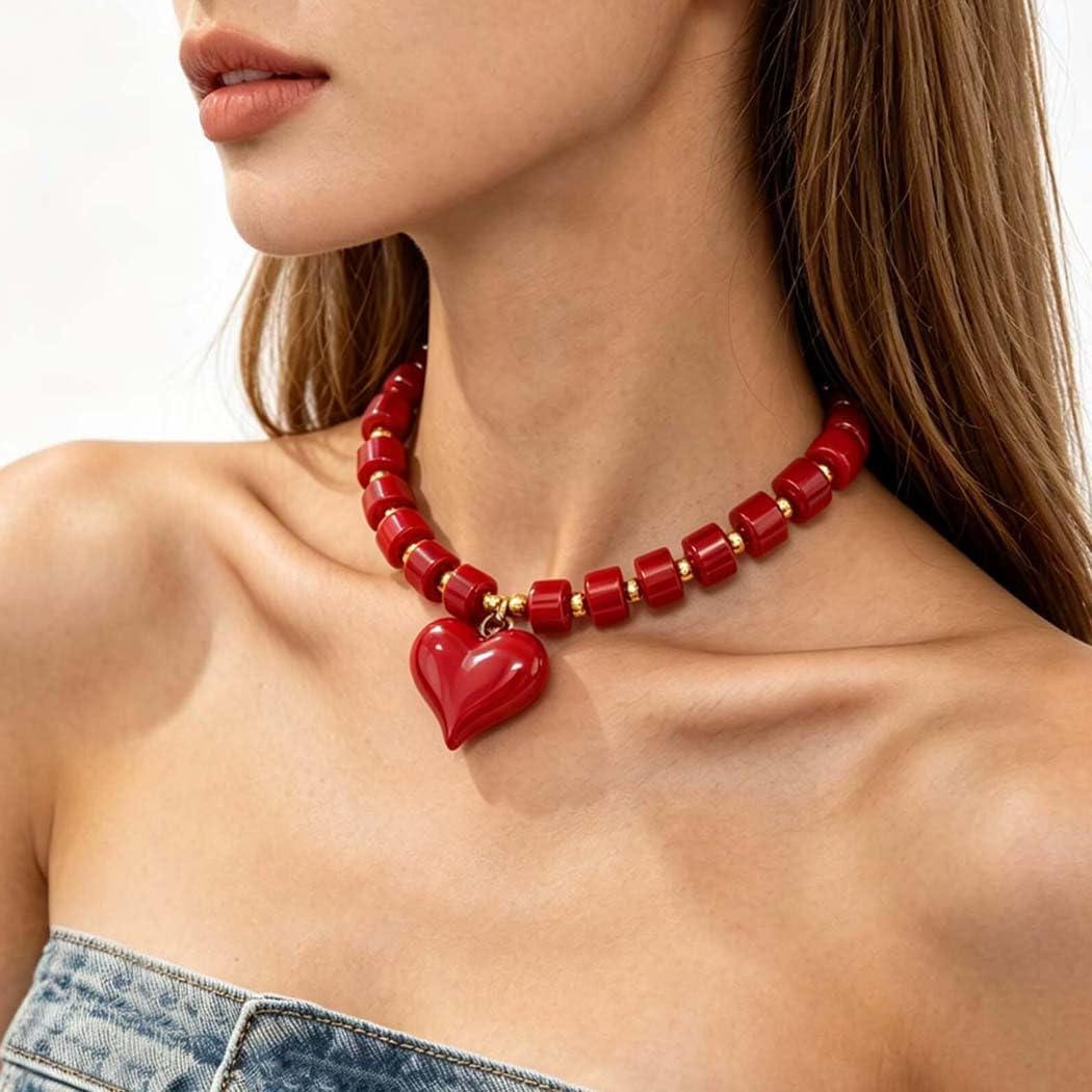 Bounzhi Statement Chunky Heart Pendant Necklace for Women Boho Resin Beaded Choker Jewelry Gift