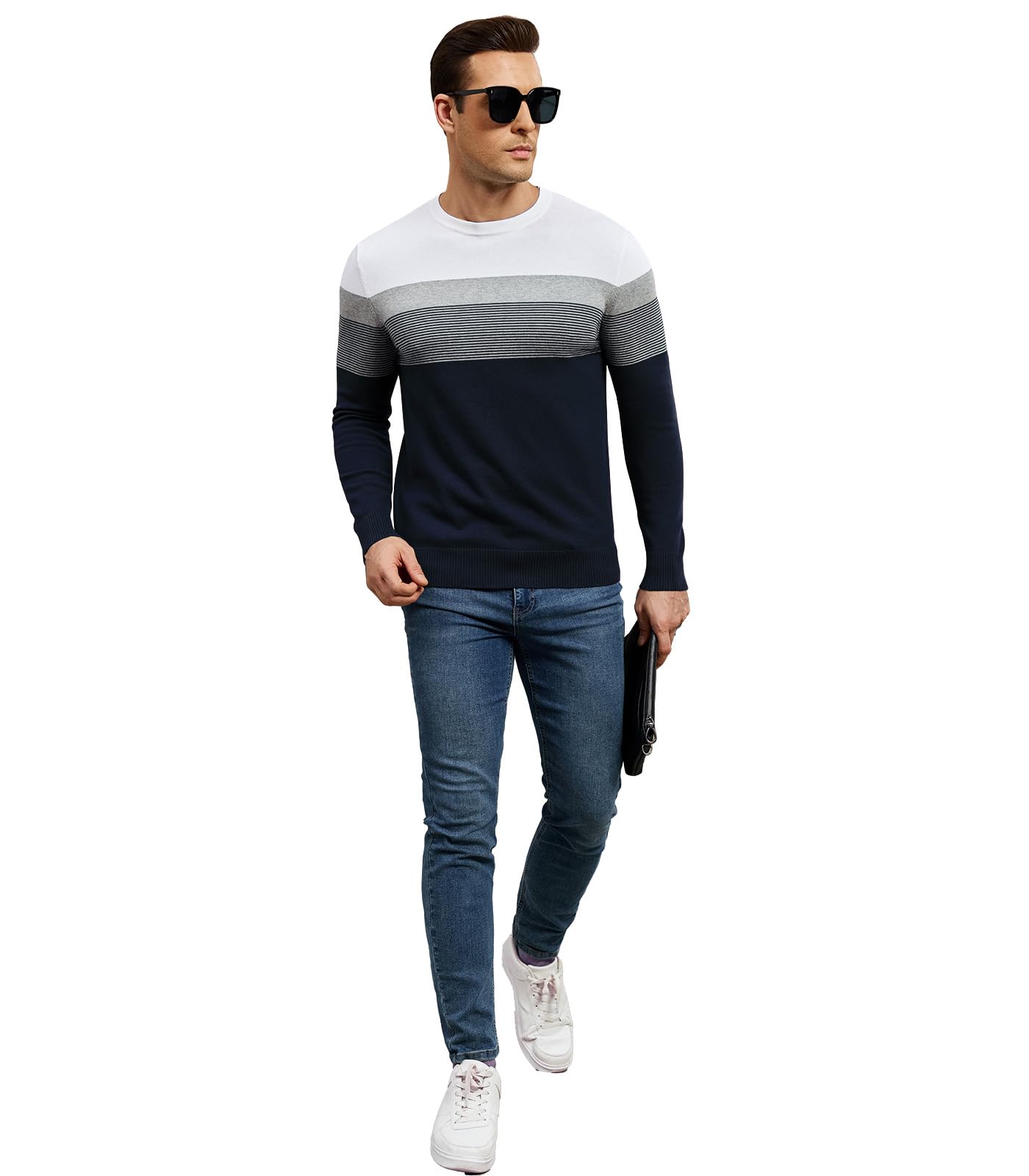 Genfien Hommes Pull à Col Rond et Manches Longues Chaud Pulls en Tricot Rayé Decontracté Sweater Casual 100% Coton