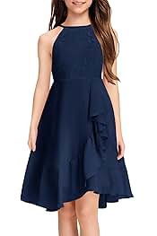 Girls Lace Flower Ruffle Dress Chiffon Halter A Line High Low Flowy Junior Bridesmaid Dresses for Wedding Party