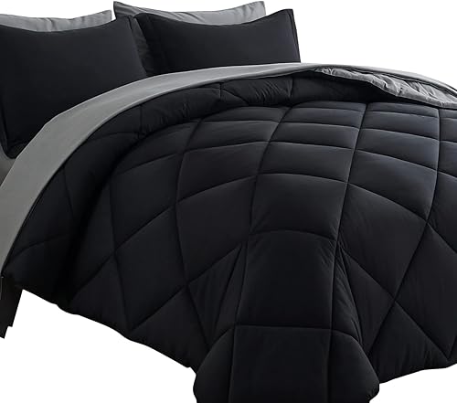 Cosybay Bed in a Bag - Juego de edredón reversible de 7 piezas para todas las estaciones, color blanco y gris claro con edredón, fundas de almohada,