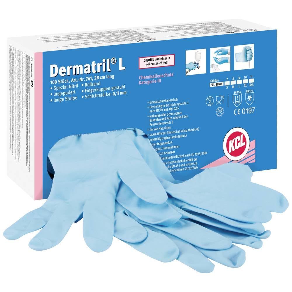 KCL Honeywell Guanti ambidestri monouso Dermatril® L 741, in nitrile, impermeabili, senza polvere, adatti per l'industria alimentare/chimica, blu, taglia 11, 074111081C (confezione da 100 pezzi)