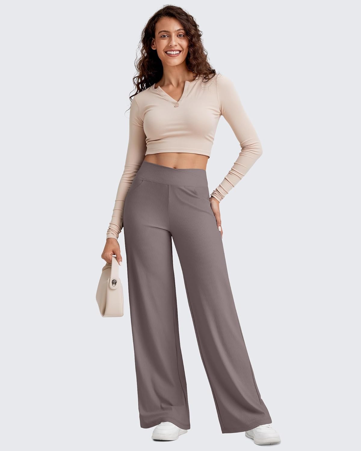 G4Free Ribbed Wide Leg Pants Women Breathable Stretchy Lightweight Cross Waist Yoga Pants with Pockets