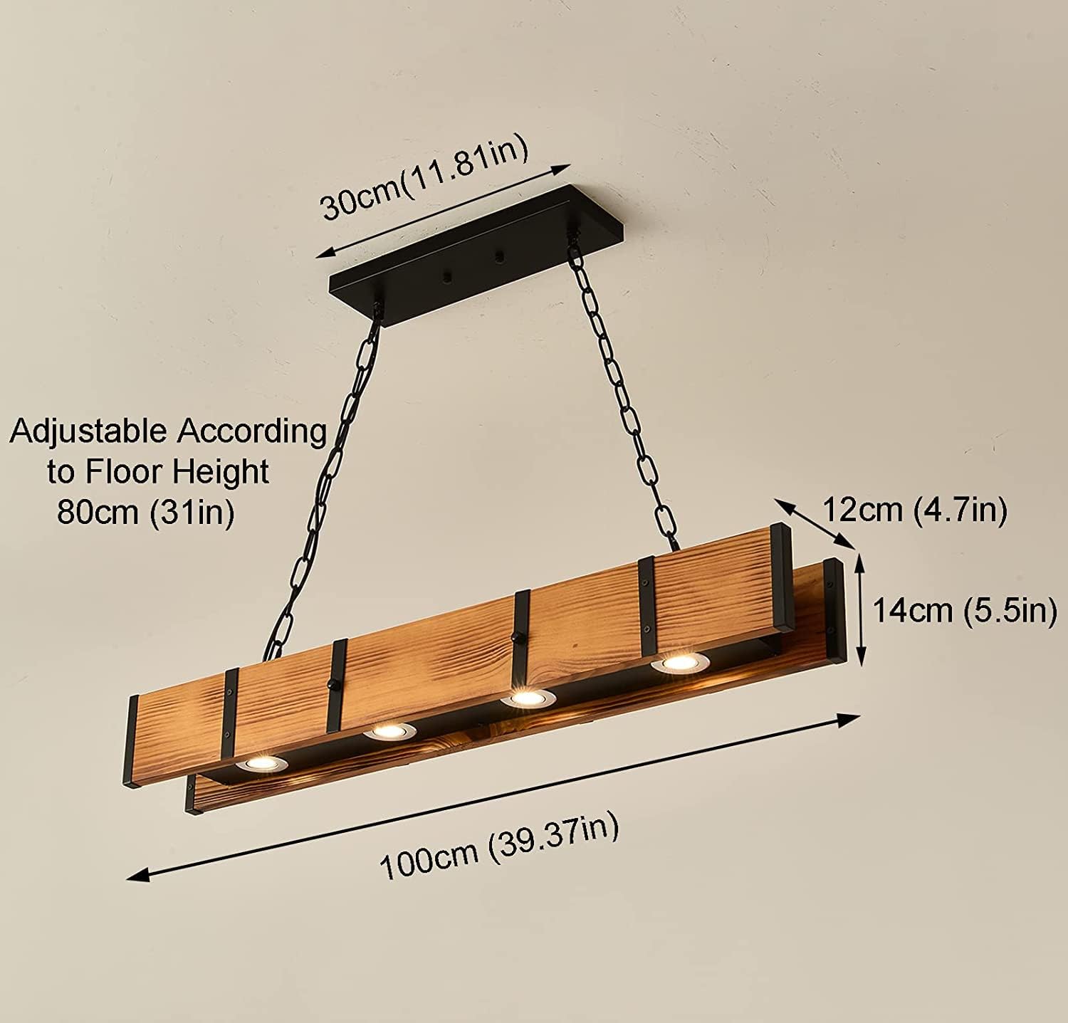 Wood Beam with 4X3W Led Spotlight Rectangle Farmhouse Island Lights Pool Table Rustic Chandelier Light Fixture