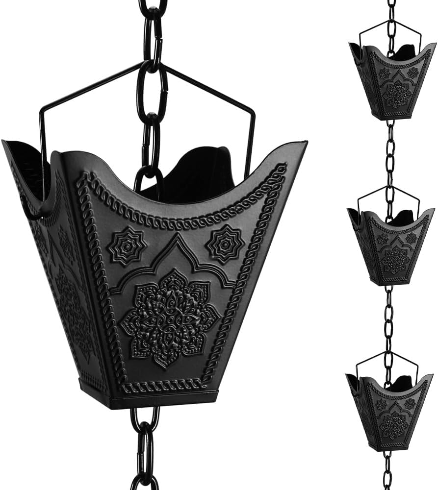Vindar Rain Chains, 3D Mandala Carving Black Rain Chain, 8.5ft Large Cup Powder Metal Rain Chains for Outside, Replacement Downspout for Gutters Downspouts