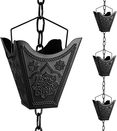 Vindar Cadenas de lluvia, cadena de lluvia negra tallada con mandala 3D, cadenas de lluvia de metal en polvo de 8.5 pies para exteriores, repuesto