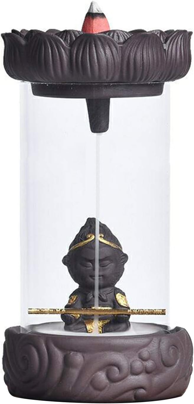 N/C Ceramic Backflow Incense Holder w/Acrylic Hood, Monkey King Creative Home Ornamental Sandalwood Waterfall Incense Burner Cone Censer Exquisite Figurine Aromatherapy with 20 Incense Stick (Gold)