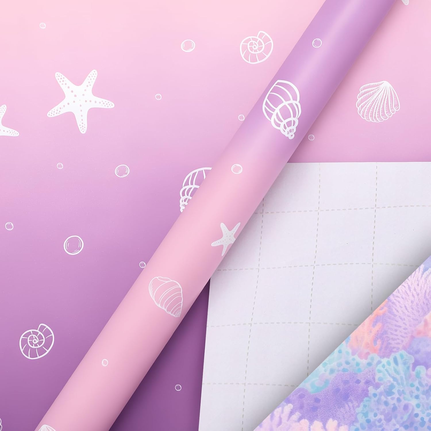 woric Mermaid Wrapping Paper- Mini Roll - Birthday Wrapping Paper Girls | Purple Scale Wrap Paper with Silver Foil for Girls Kids Birthday Ocean Theme Party Baby Shower Decor- 17 In x 120 In Per Roll