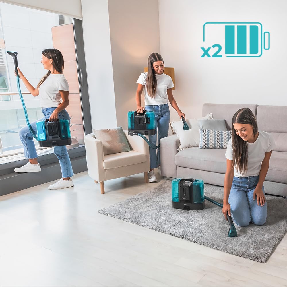 Cecotec Limpiador Aspirador de Tapicerías y Alfombras sin Cable Conga Carpet&Spot Clean Infinity. 150W, 2 Baterías Intercambiables, Autonomía 60Mins, Pulverizador de Agua y Accesorio Limpia Ventanas