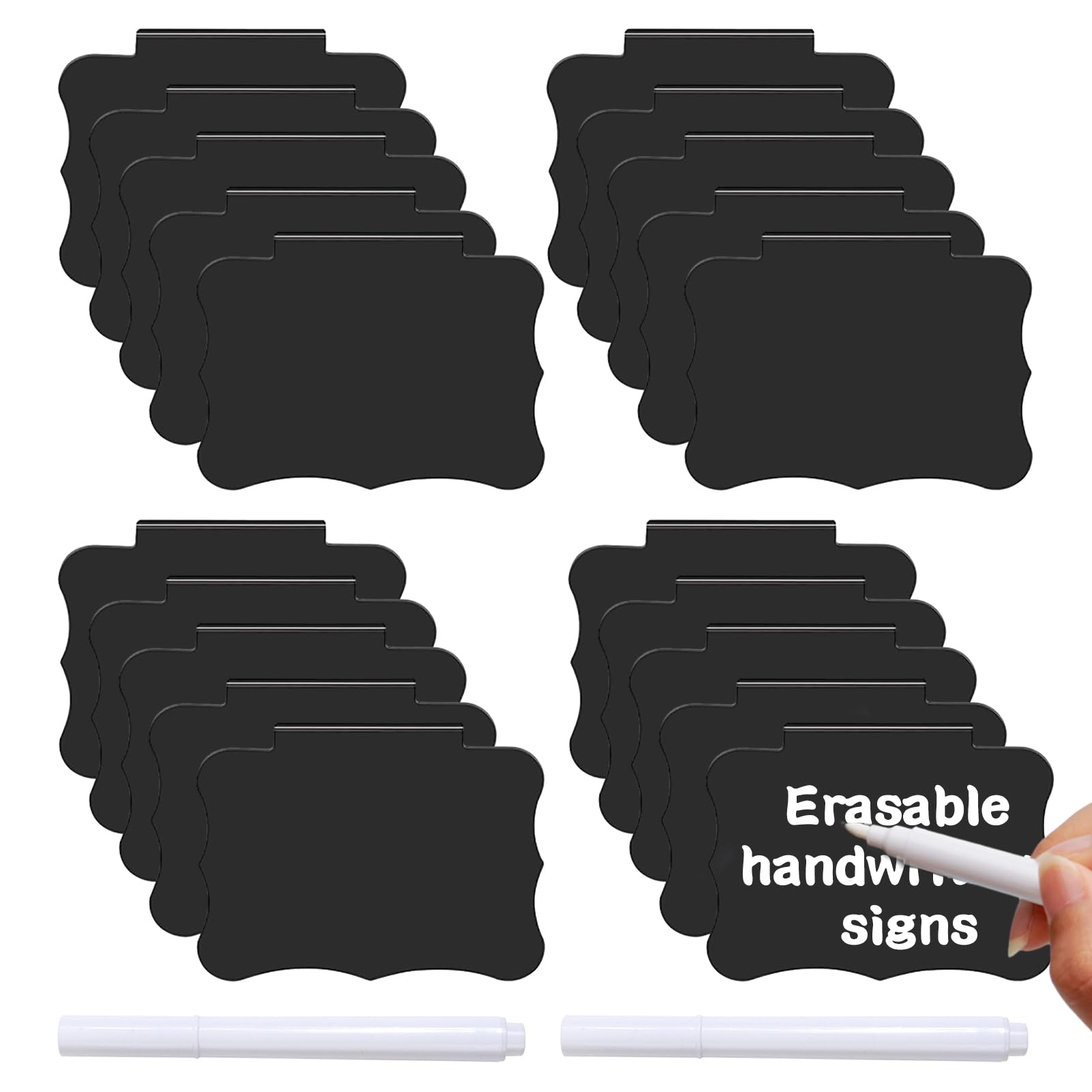 Pasdrucn 20 Pcs Plastic Basket Labels for Storage Bins, Labels for Storage Boxes, Black Removable Labels Clip on Set, Chalkboard Labels Clip with 2 Pcs Marker Pen for Laundry, Bathroom (Black)