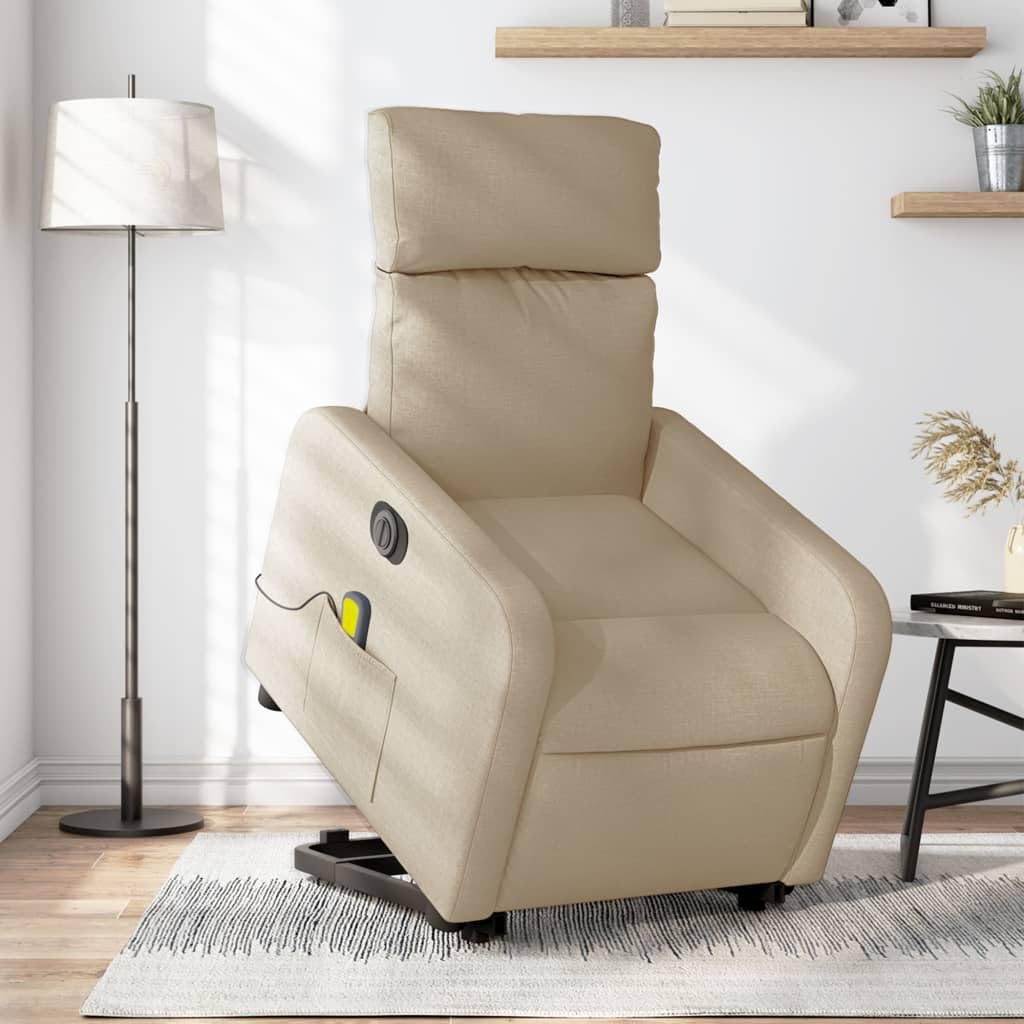 Sillón elevador eléctrico reclinable de tejido crema con 6 puntos de vibración y motor para elevación e inclinación, estructura estable y bolsillo lateral