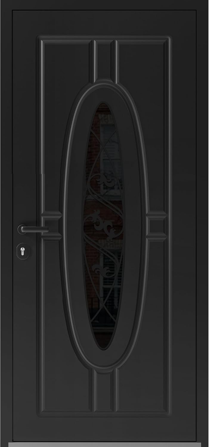 VDOMDOORS Front Exterior Prehung Steel Door/Ronex 1277 Black Enamel/Stainless Inserts Entry Metal Modern Painted W36 x H80 Right Hand Inswing