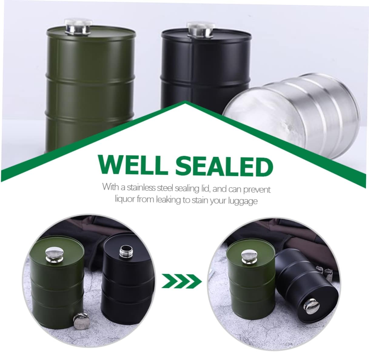 ULTECHNOVO Stainless Steel Leak Liquor Flask Gasoline Drum Design Compact Lightweight Canteen for Camping Hiking Outdoor Adventure Rustproof Reusable Wine Container in Green