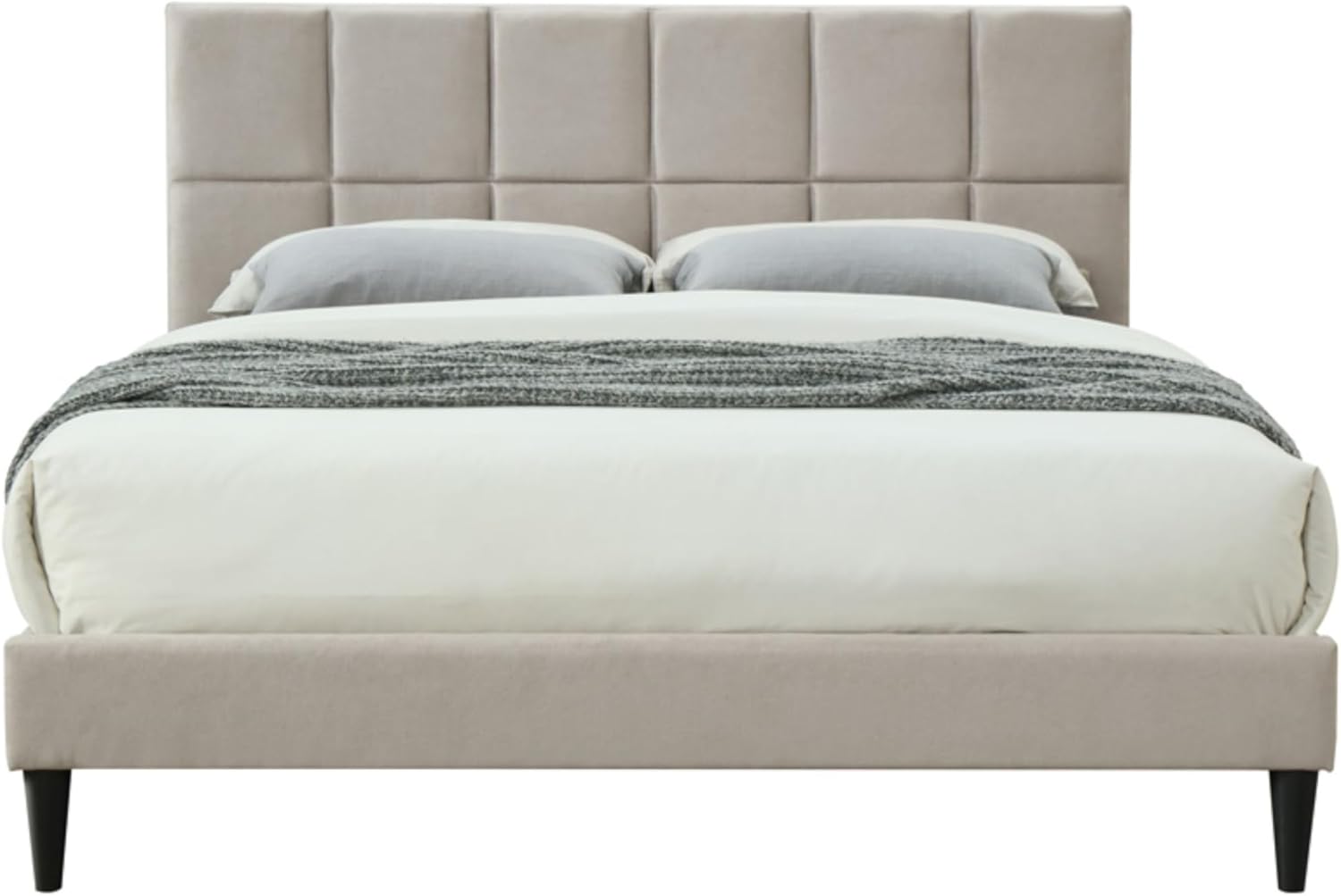 Twin Sized Squares Bed in a Box with USB, Upholstered Polyester Fabric, Squares Design Headboard, USB Charging, Light Gray, 80W x 43D x 52.5H in