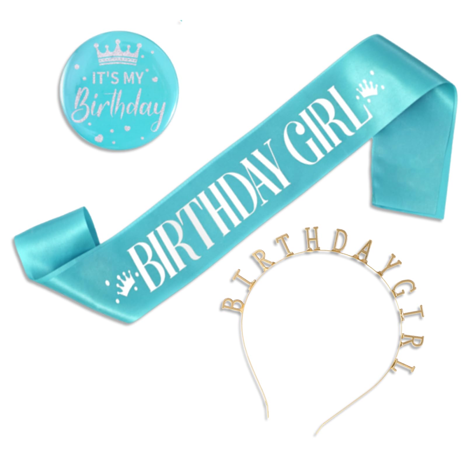 Lufdegim 3 Pcs Its My Birthday Badge Birthday Headband and Sash Princess Headband for Party Decoration (Blue)