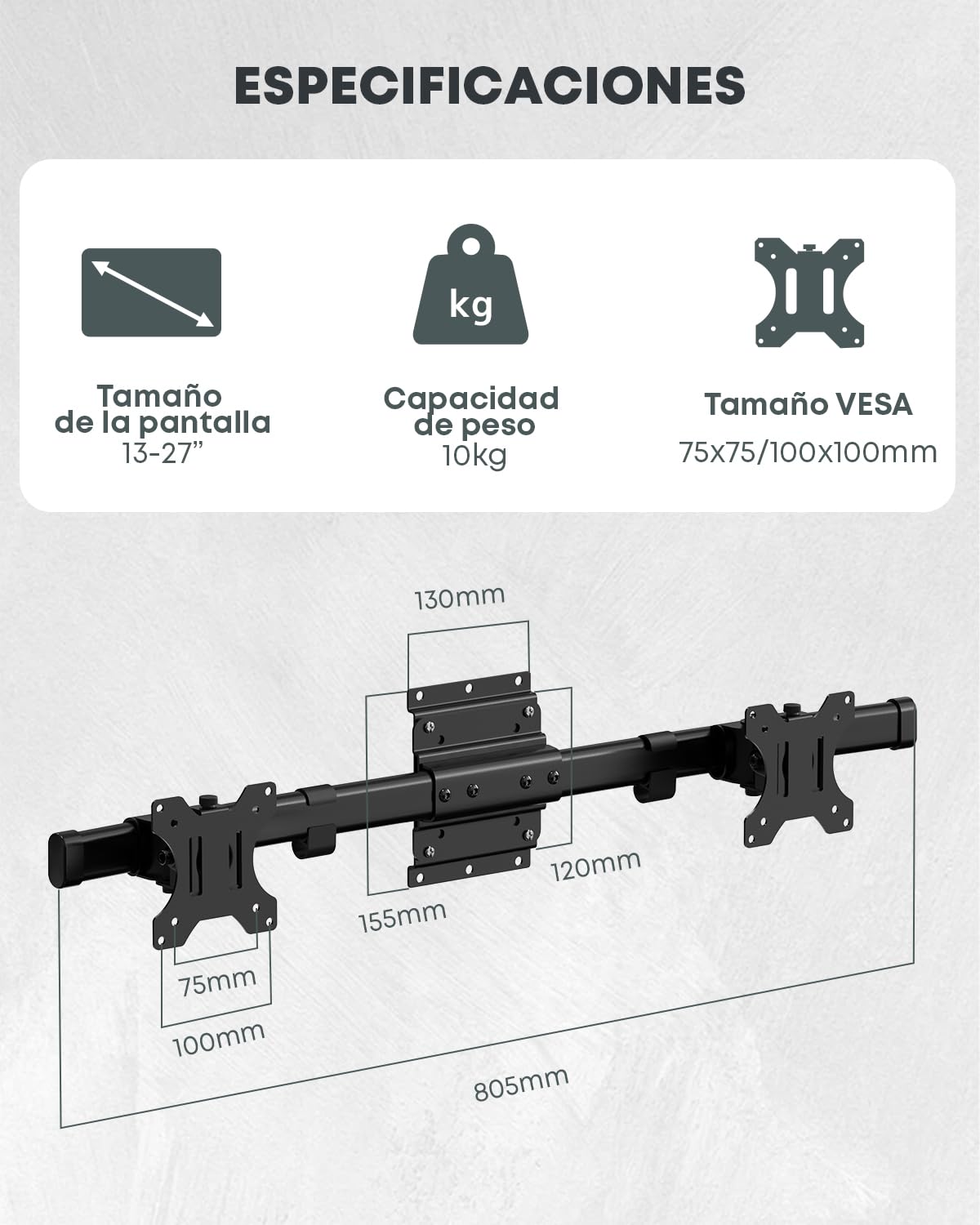 Soporte de Pared Doble para Pantallas 13-27 Pulgadas, Sencillo a Doble | Espacio de pared ultradelgado, montaje horizontal, alineación precisa, gestión de cables, 10 kg por brazo, VESA 75/100, Negro