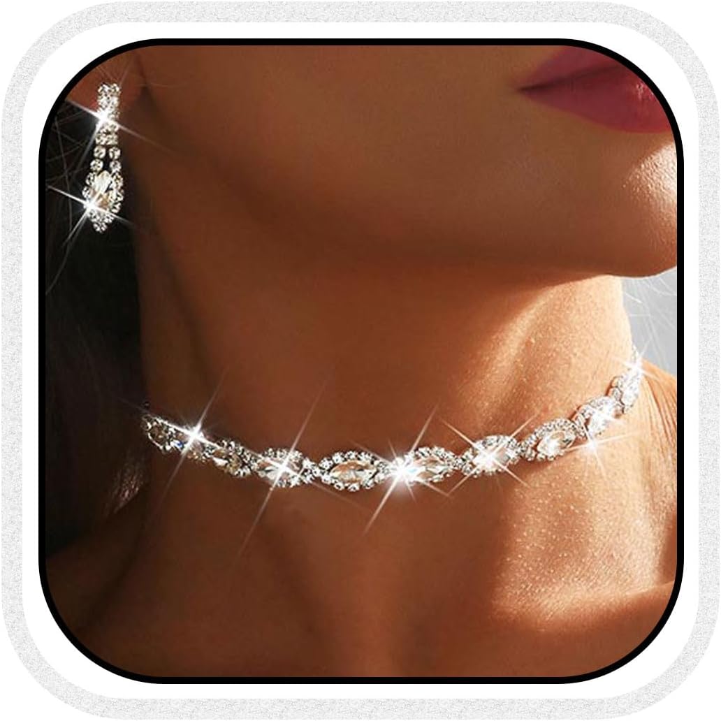 Nicute Formal Choker Necklace Jewelry Silver Rhinestone Necklace Earrings Set Crystal Wedding Costume Jewelry for Women (Silver)