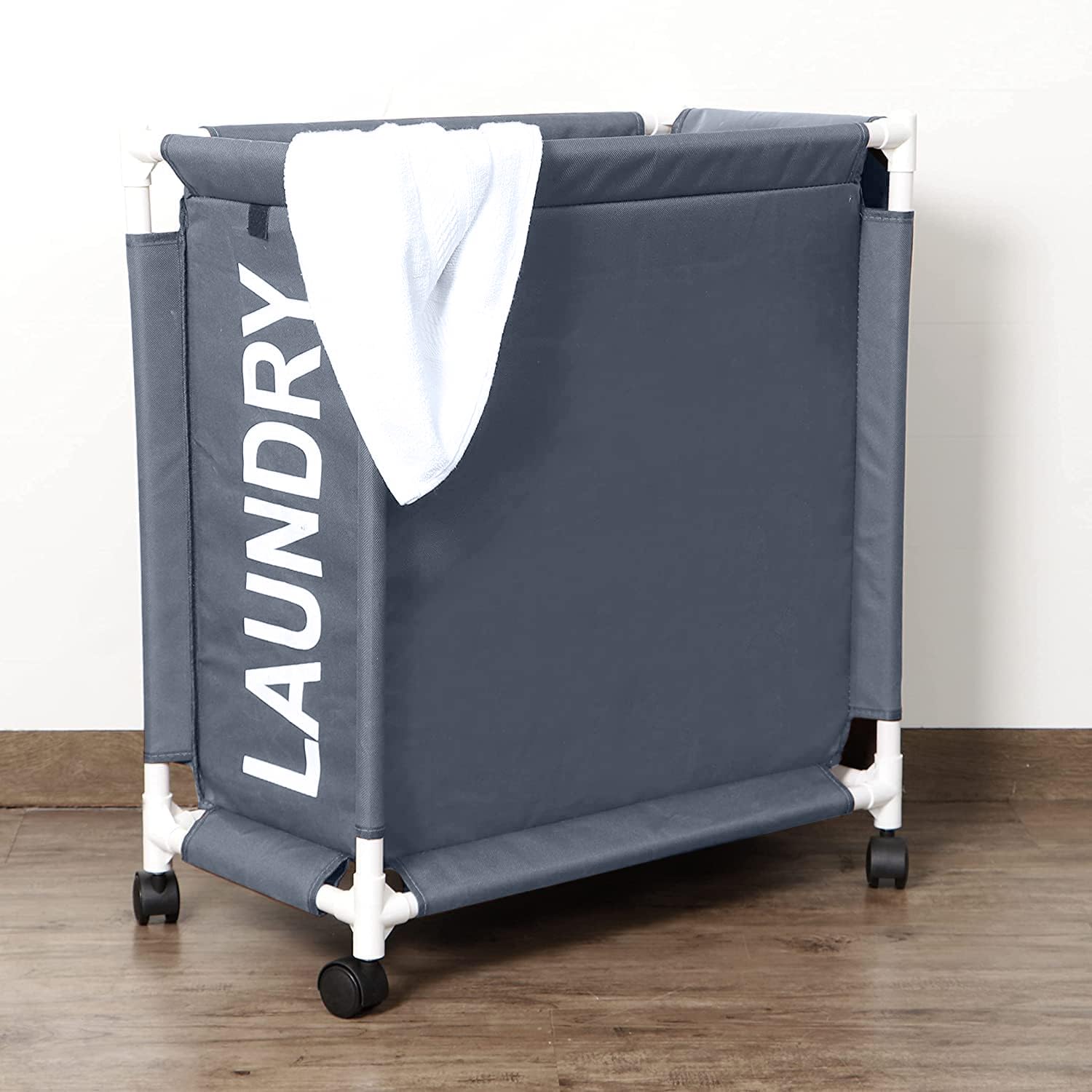 HOKIPO Oxford Fabric Laundry Basket With Wheels | Laundry Hamper with Lid Cover | Rolling Laundry Clothes Basket Trolley, 65x30x58 cm, Grey (AR4849)-image-23