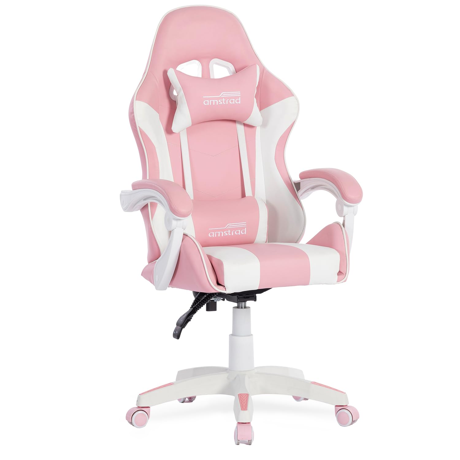 Amstrad AMS-800-ROSY Fauteuil/Chaise de Bureau Gamer Rose & Blanc - Coussin Lombaire & appuie tête