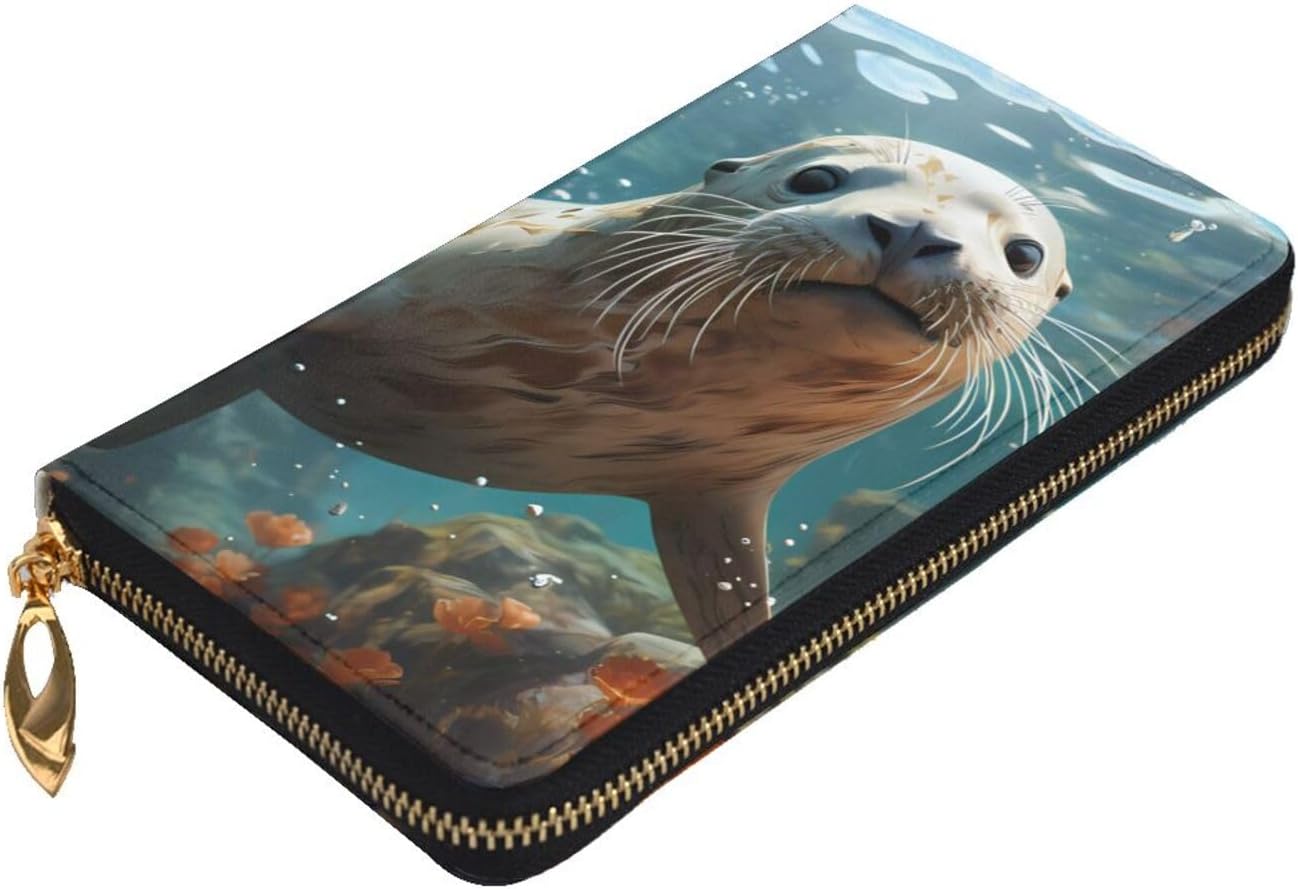 Seal pup in water Women's wallet, clutch wallet, with zipper, large capacity.