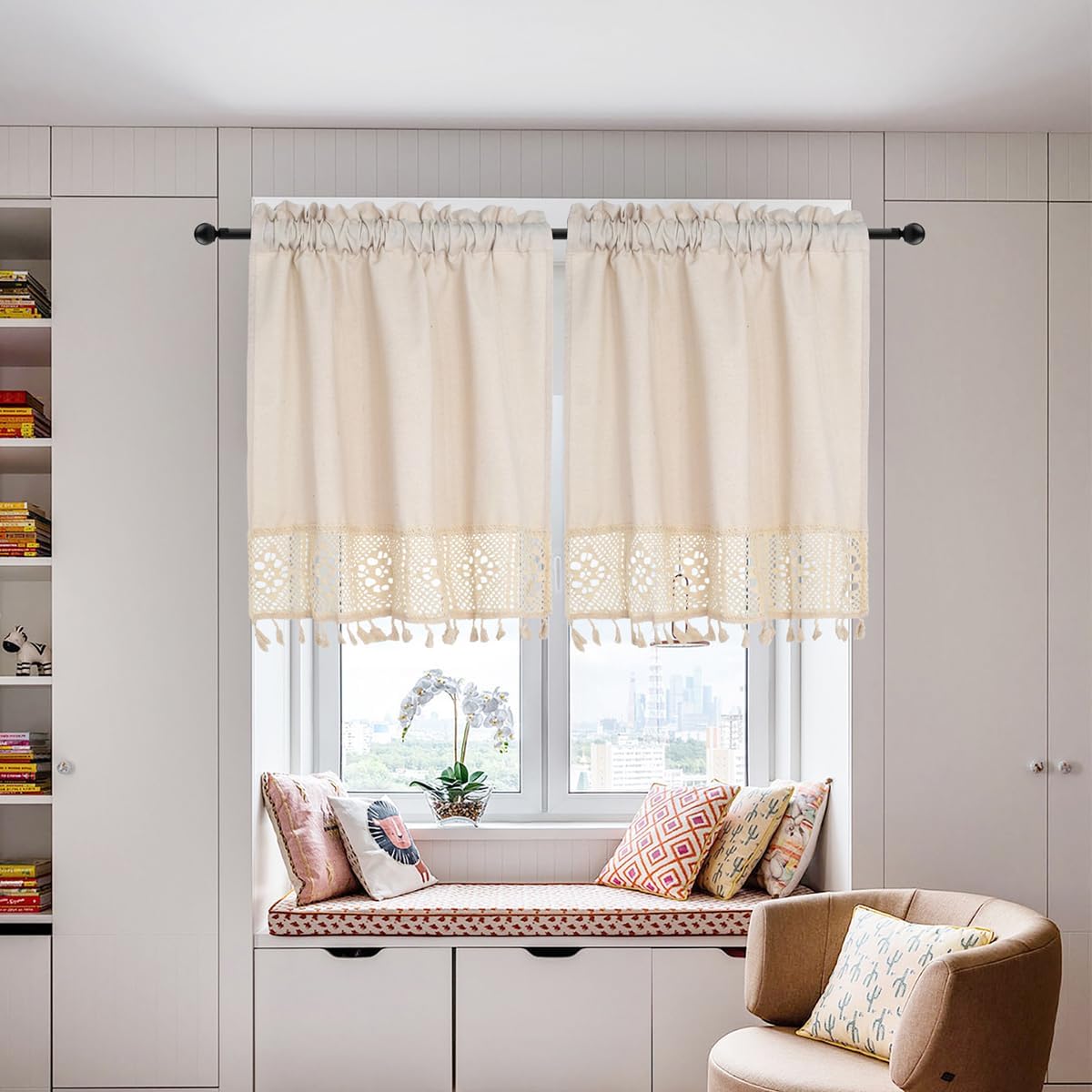 Molaxhome Linen Valances for Windows,Boho Tassel Kitchen Valances for Windows,Country Rustic Window Treatments Tier Curtain for Bathroom Bedroom Decors Farmhouse (Beige, 29W x 35L)