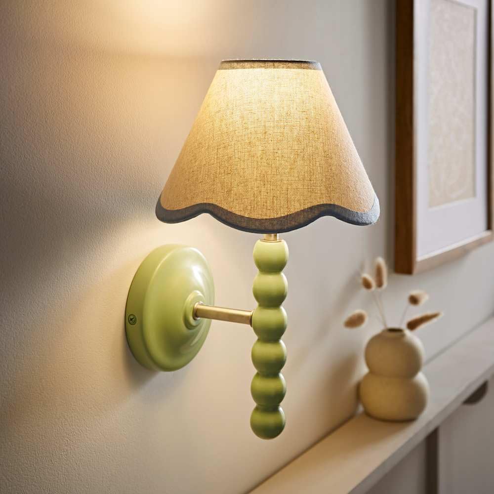 ValueLights | Bobbin Green Wall Light with Blue Trim Scallop Shade and Bulb | Wall Lights, Home Décor & Improvement Essential | Mains Wired