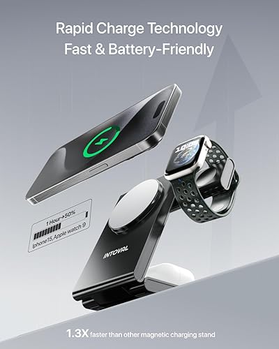 Miniatura 4 de Intoval Estación de carga magnética 3 en 1, base de carga plegable de viaje para Magsafe iPhone 16 a 12 (PlusProPro Max), Apple Watch y AirPods,