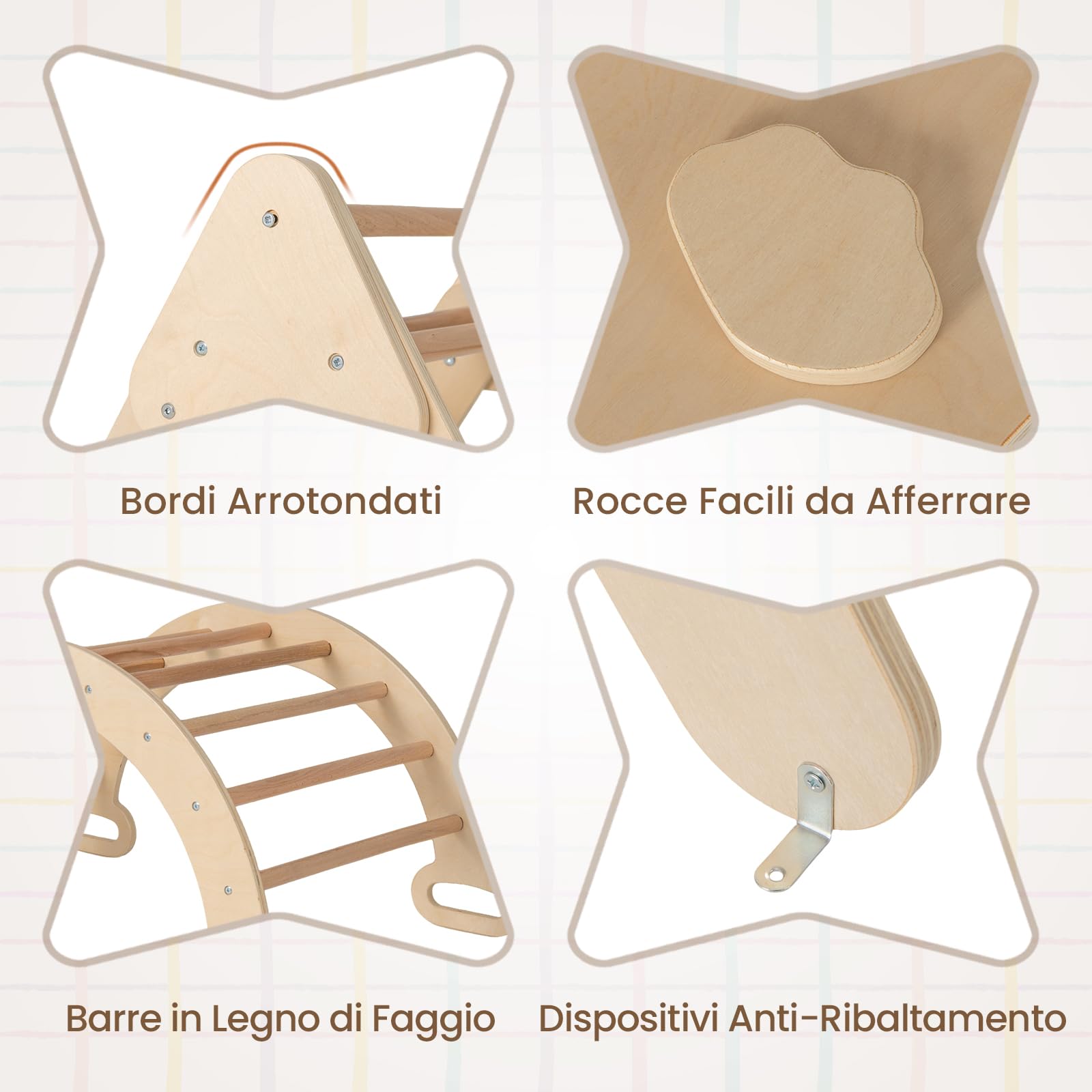 RELAX4LIFE 4 in 1 Triangolo da Arrampicata con Scivolo per Bambini, Arco da Arrampicata e Scala per Arrampicarsi in Legno, Montessori Giocattoli Bimbi 2 3 4 5 Anni