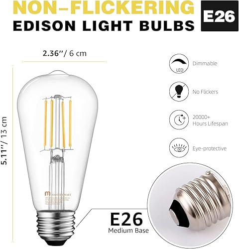 Miniatura 6 de MASTERY MART Bombilla LED E26 de 60 vatios, bombillas Edison regulables de 5.5 W, 2700 K blanco suave, bombillas vintage ST19, certificación UL,