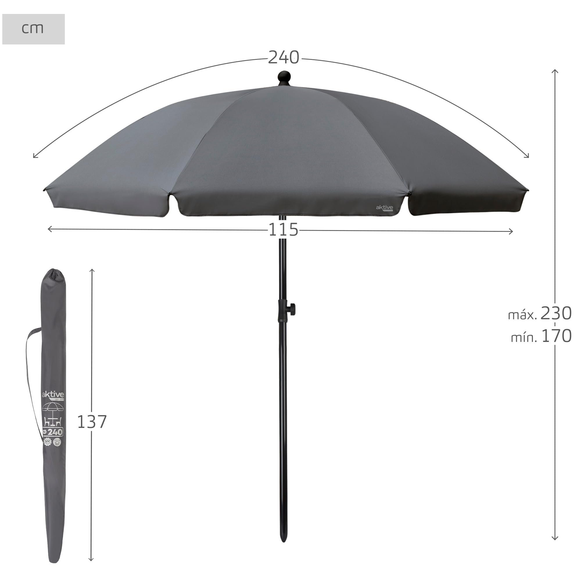 AKTIVE Parasol de Jardin, avec Protection UV30, 240 cm, Gris, Mât 28-32 mm, Mât Flexible, Hauteur Réglable, Grands Parasols, Jardin AKTIVE Parasol de Jardin, avec Protection UV30, 240 cm, Gris, Mât 28-32 mm, Mât Flexible, Hauteur Réglable, Grands Parasols, Jardin